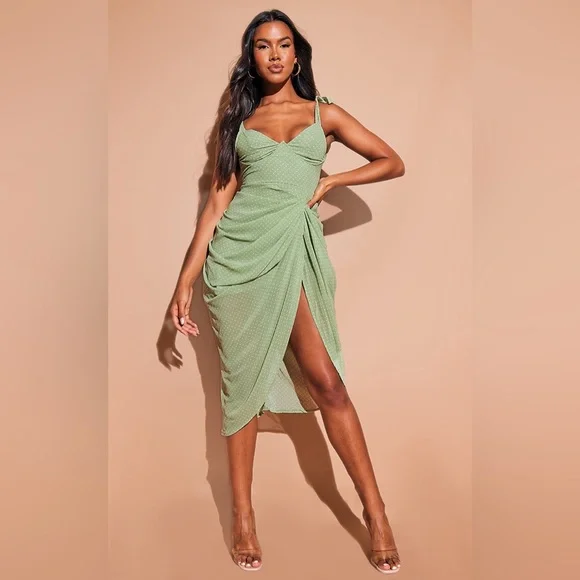 PrettyLittleThing | Dresses | Plt Nwot Sage Green Polka Dot Draped  Underwire Detail Midi Dress | Poshmark
